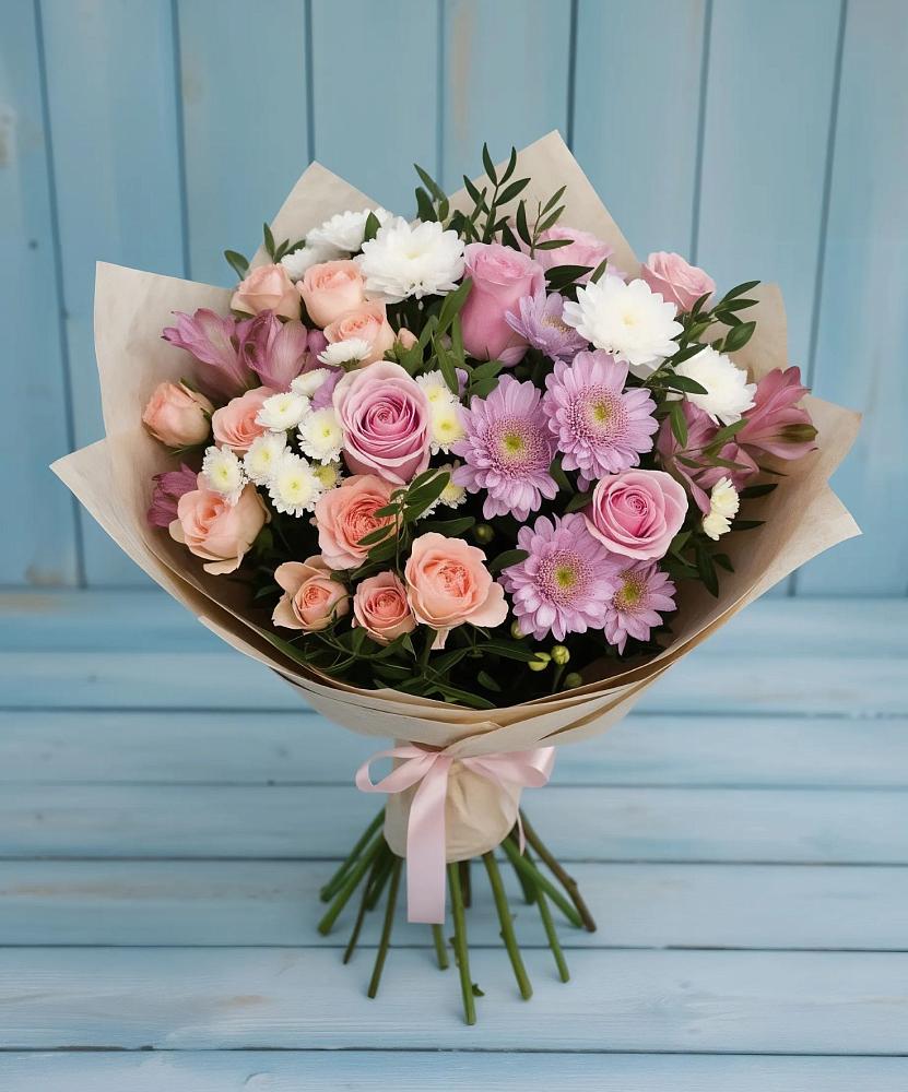 Букет цветов из: Хризантемы, Розы и Альстромерии в Этоке