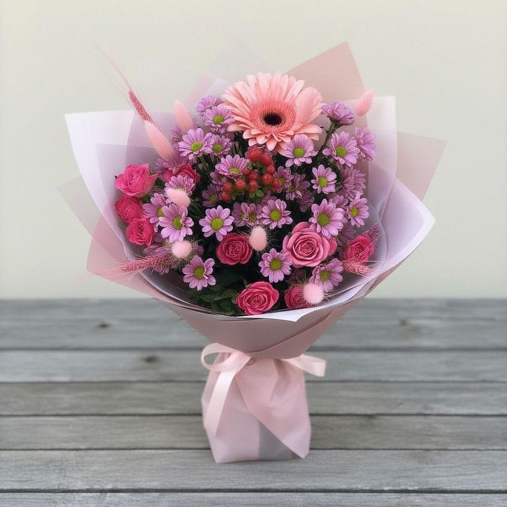 Букет цветов из: Розы, Герберы и Хризантемы в Этоке