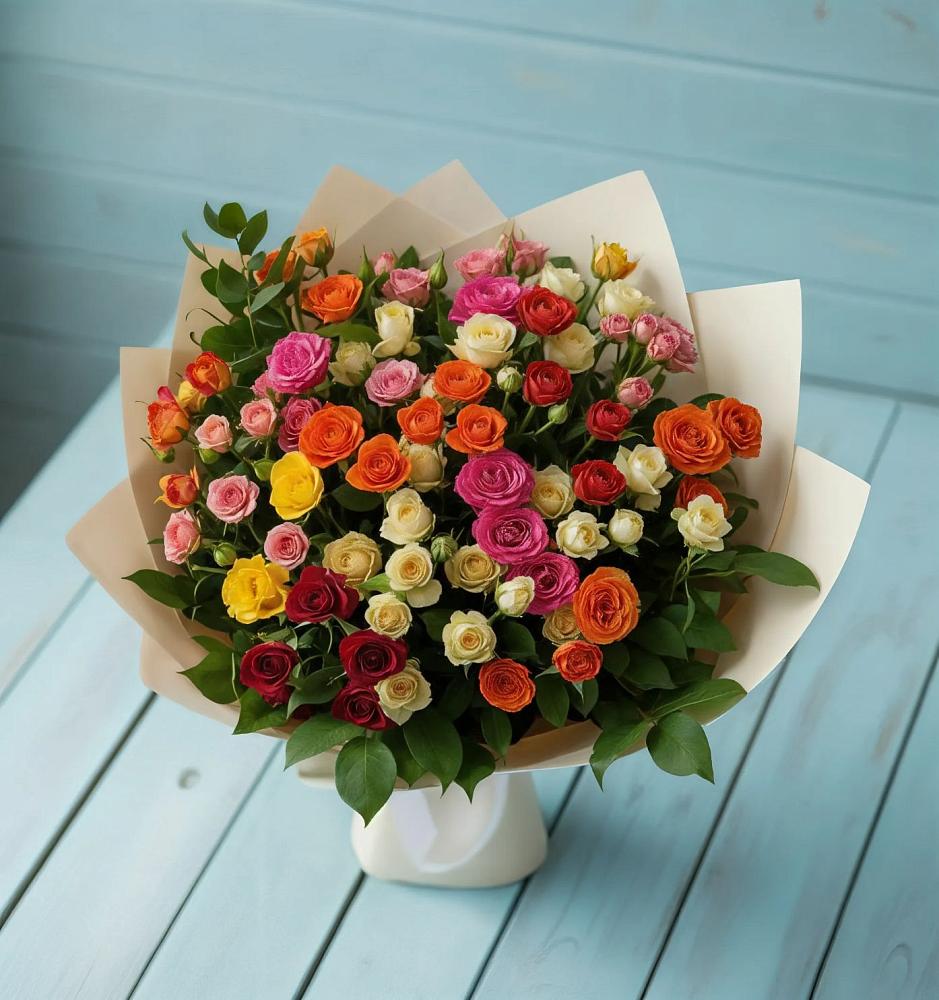 Букет Микс из разноцветных кустовых роз в Этоке